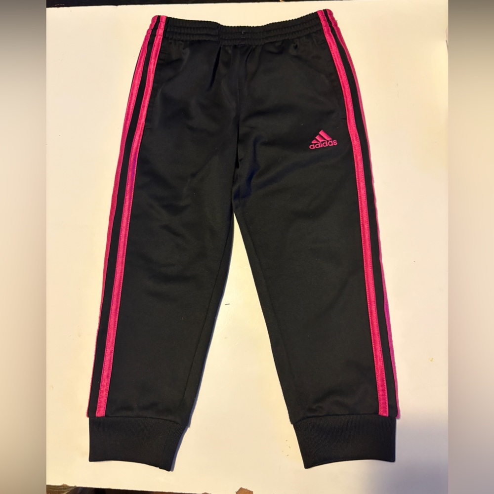 ADIDAS Size 3T Girls BLack Stretch Waist Pull On Training Track Pants Pink Lins